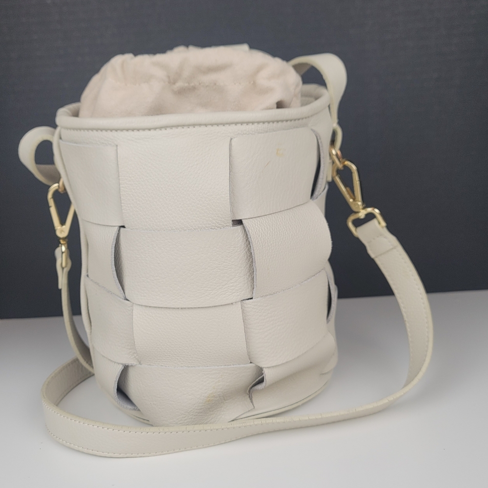 Lia Numa Cream Beige Leather Woven Basket Weave Bucket Crossbody Bag